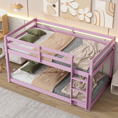 Solid Wooden, Solid Rubber Wooden Floor Bunk Bed With Ladder, Upper And Bottom Bed Platforms Crafted With Strengthened Slats