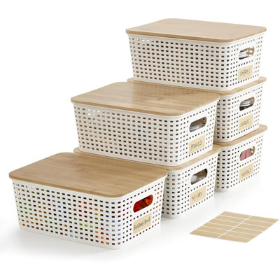 Plastic Storage Bins With Bamboo Lids  Stackable Box Basket Pantry Decorative Containers Cute With Lable For Organizing Desktop Closet Office Cream Of 6 Packs