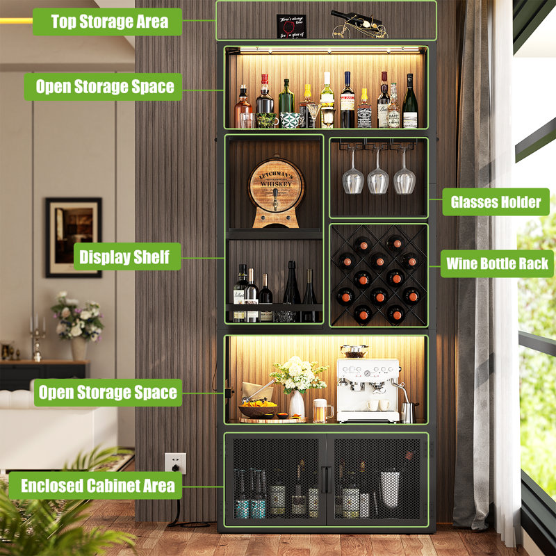 Bar Cabinet with Power Outlets, 6-Tiers Storage Cabinet Coffee Bar, Black