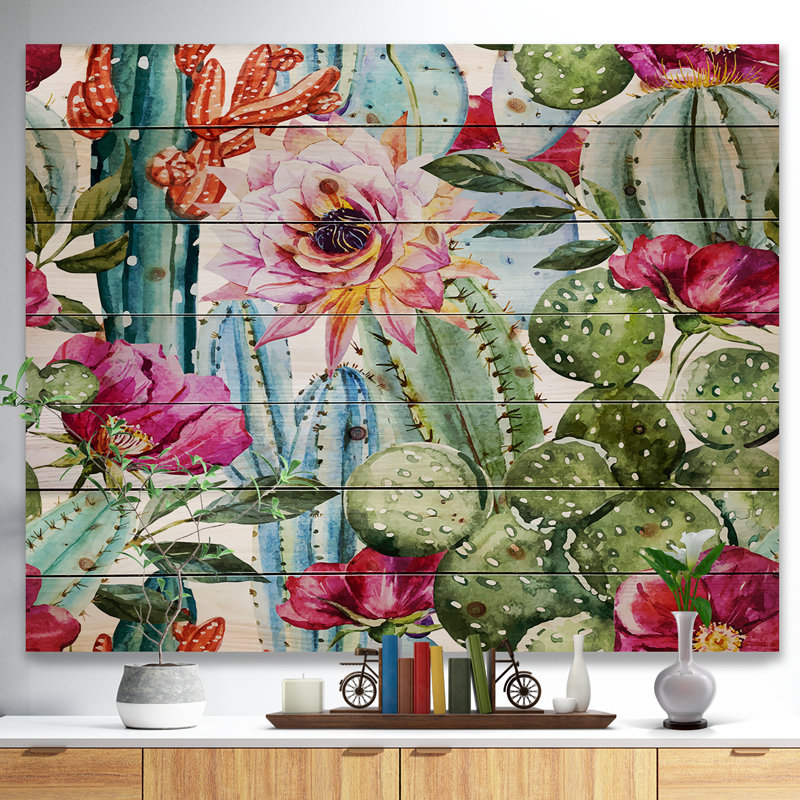 Motif de cactus - aquarelle, H 36 po x l 46 po x P 0,78 po, Bois