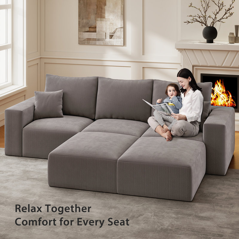 Canapé modulaire 113 pièces en forme de U de 113 po, Velours côtelé gris