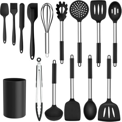 Ensemble de 15 ustensiles de cuisine en silicone, acier inoxydable, résistant à la chaleur, noir
