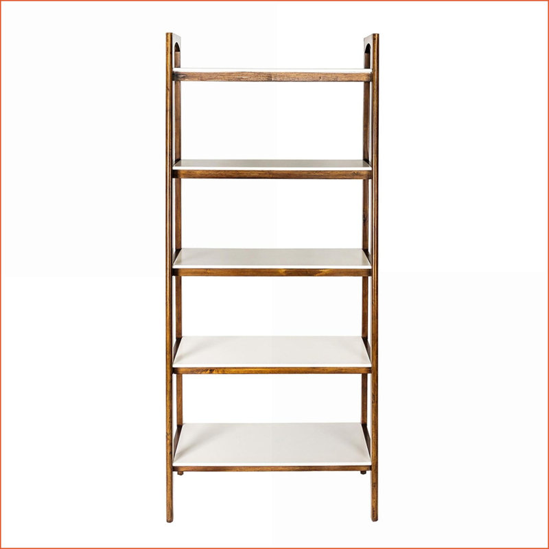 Bibliothèque, panneau de fibres à densité moyenne blanc cassé à 5 tablettes et cadre Mid-Century moderne en bois de pacane | Assemblage facile