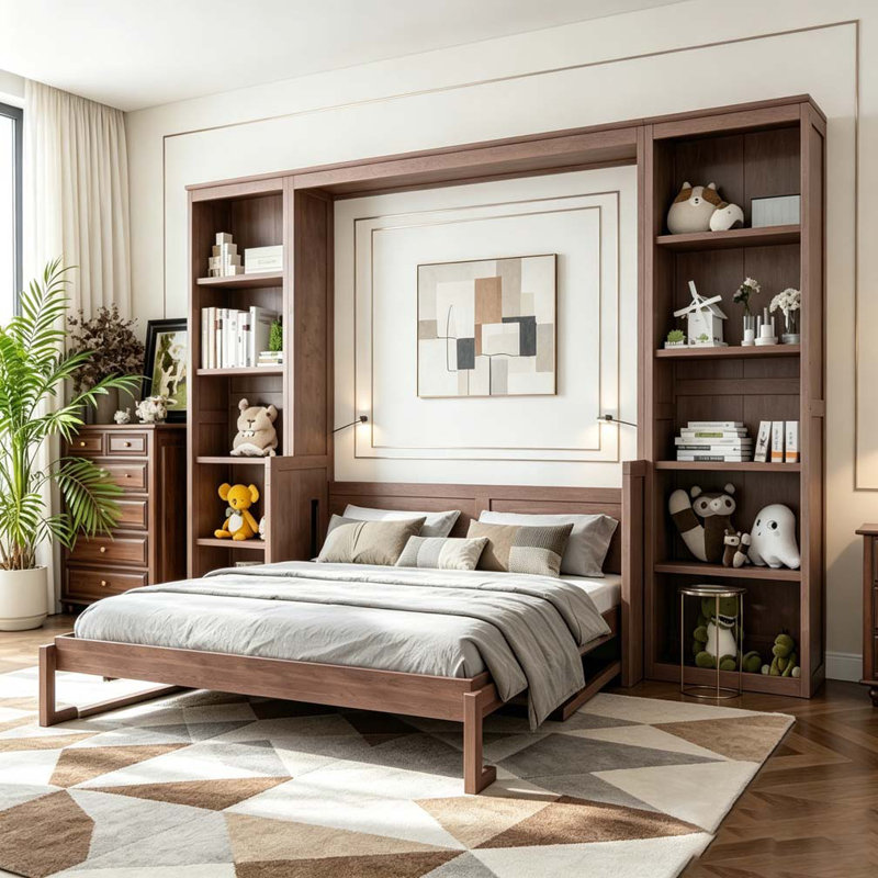Grand lit escamotable avec bureau et tablettes, Marron foncé