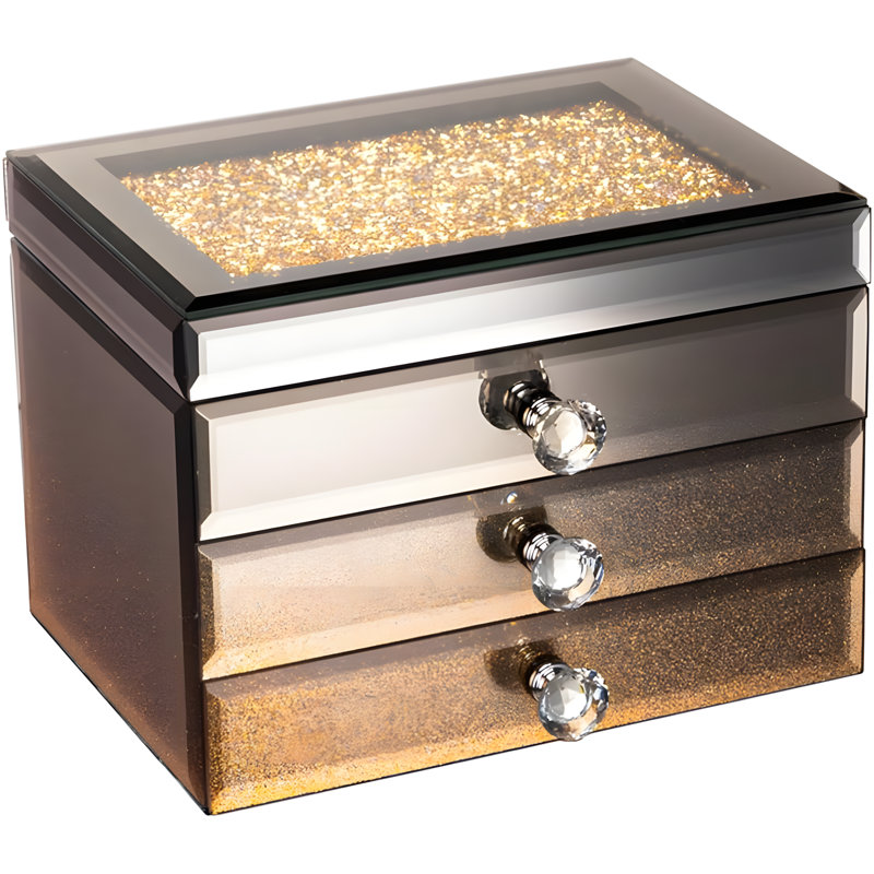 Boîte de rangement de bijoux à 3 couches avec intérieur en velours et miroir intégré, rangement en verre pour bijoux, boucles d'oreilles