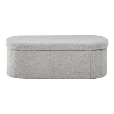 Oval Storage Ottoman Bench, Foldable Teddy Fleece End of Bed Bench, Folding Upholstered Bed Ottoman Chest with Large Storage Space, Supports 660 lbs, for Living Room, Bedroom, Entryway