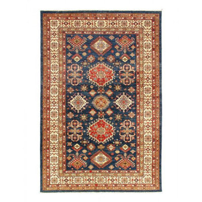 Tapis oriental en coton / laine noué à la main de style oriental 5 pi 5 po x 8 pi 6 po bleu / beige / or