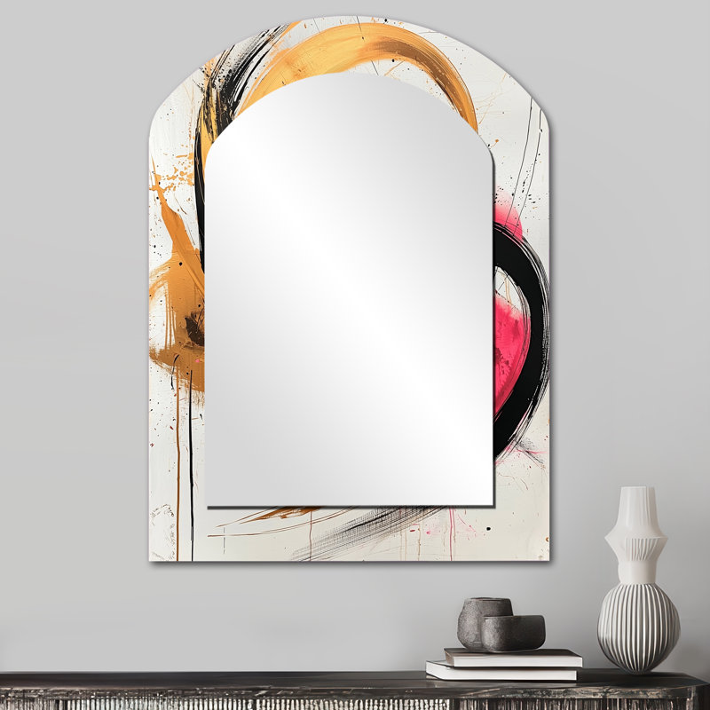 Abstract Circles In Pink And Gold Tones VI - Abstract Shapes Arch Decorative Mirror, Modern Asymmetrical Wall Mirror, Printed Metal Art