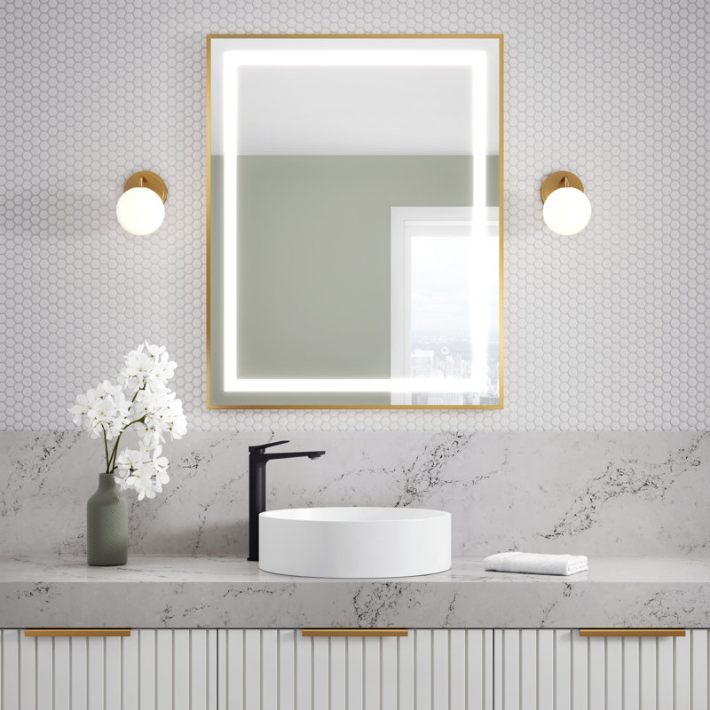 Effect LED-Illuminated Rectangular Mirror Brushed Gold Frame with Frosted Strip, 38" H x 30" W x 1.5" D