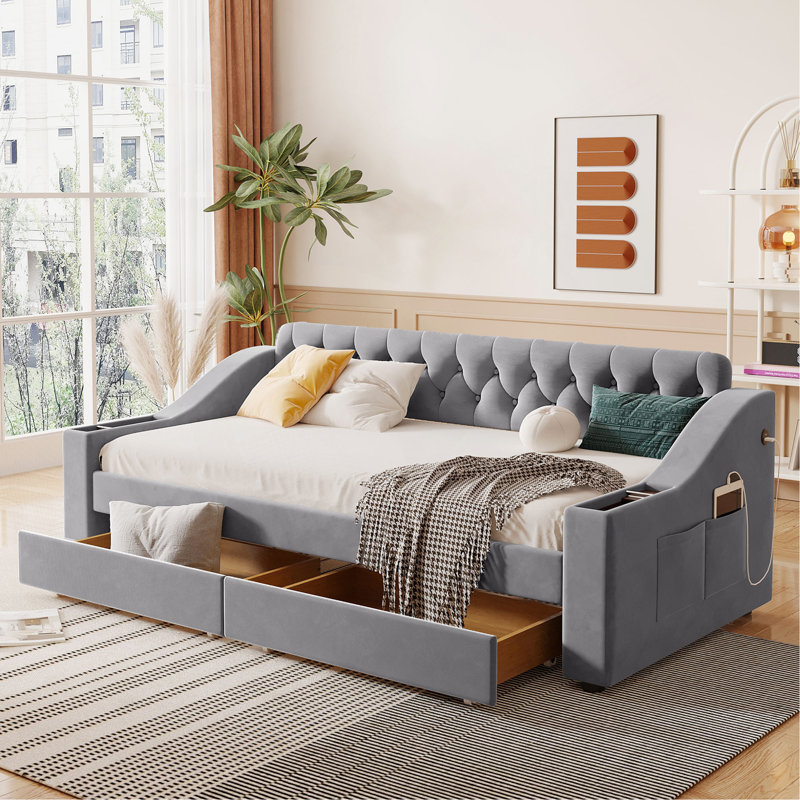 Lit de jour simple rembourré avec accoudoirs de rangement et port USB, gris