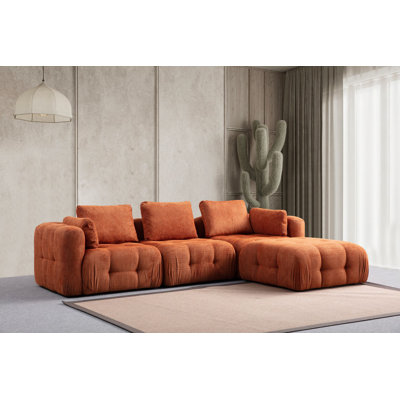 Stylish Corner Sofa with Pillows, Orange, 9.5 x 6.6 x 2.1 Feet | Beech Wood & Chipboard Frame, 100% Polyester Fabric | Soft 28 DNS Foam & 24 DNS Feather Backrest | Ideal for Living Rooms & Family Spaces
