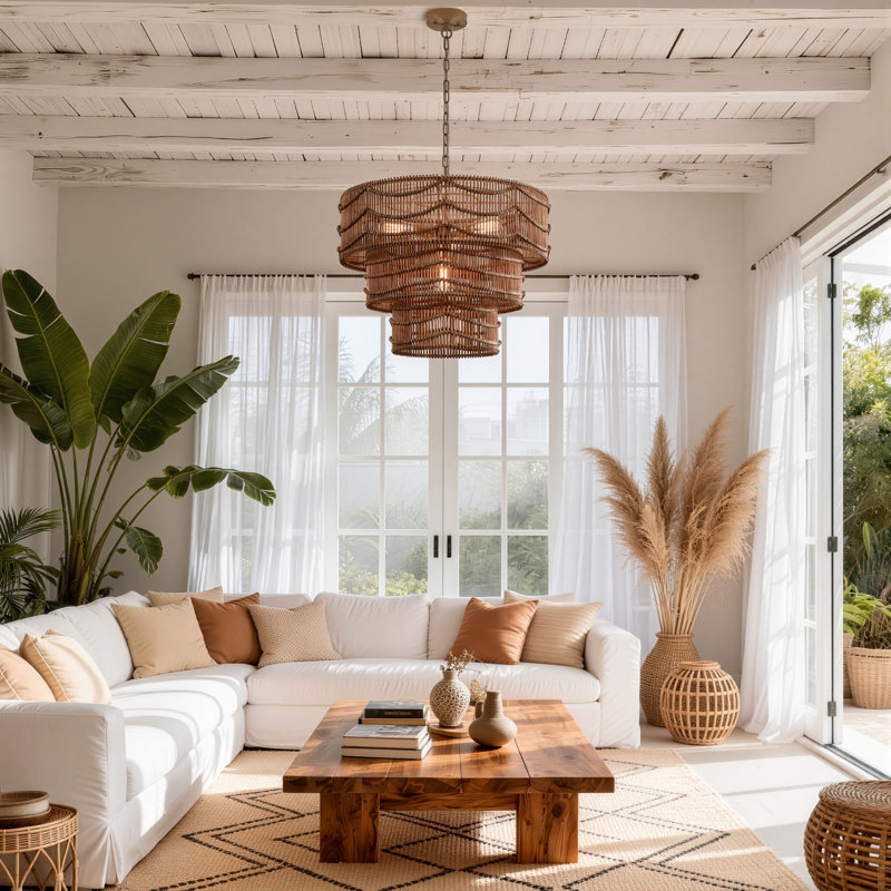4-light Natural Rattan Tiered Pendant Light