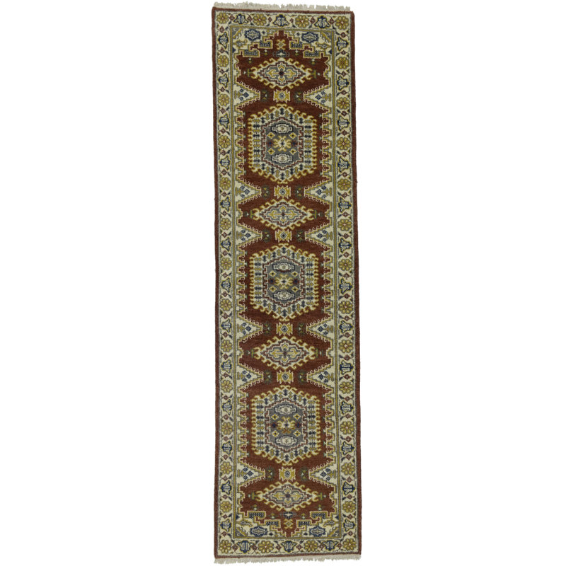 Tapis rouge / brun en laine noué à la main, Tapis de couloir 2 pi 6 po x 9 pi 9 po