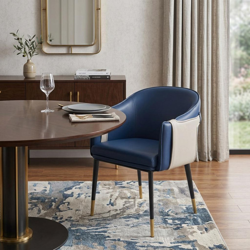 Chaise de salle à manger rembourrée en similicuir bleu et beige