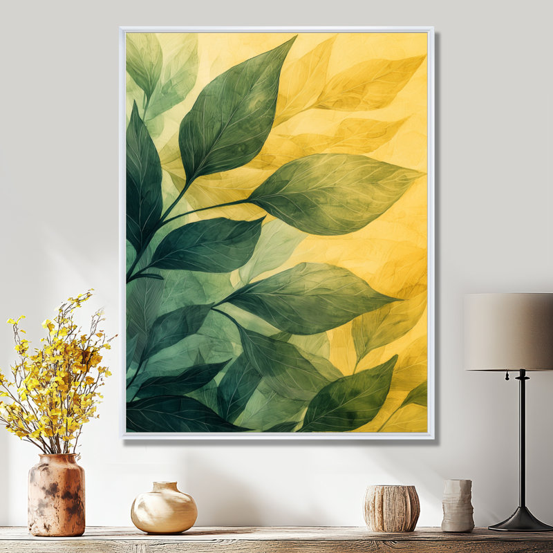 Feuillage vert et jaune, feuilles, collage III - feuilles, art mural, Reproduction avec cadre flottant, H 44 po x l 34 po