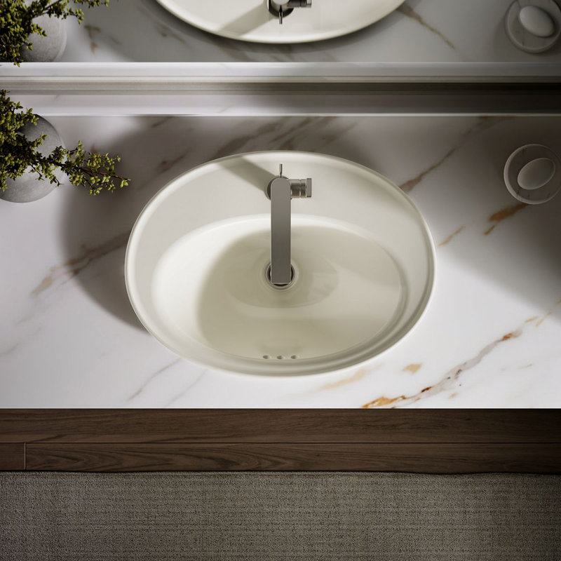 Lavabo de salle de bain ovale encastré en céramique avec trop-plein Serif, Biscuit, Simple