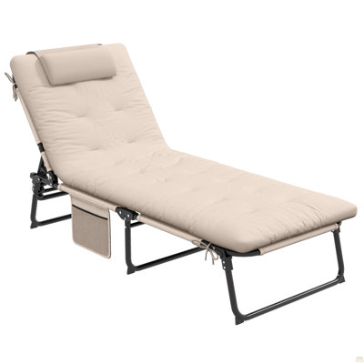 Folding Chaise Lounge With 4-Level Reclining Back, Outdoor Tanning Chair With Cushion, Outdoor Lounge Chair With Breathable Mesh Fabric, Side Pocket, Headrest, Beige