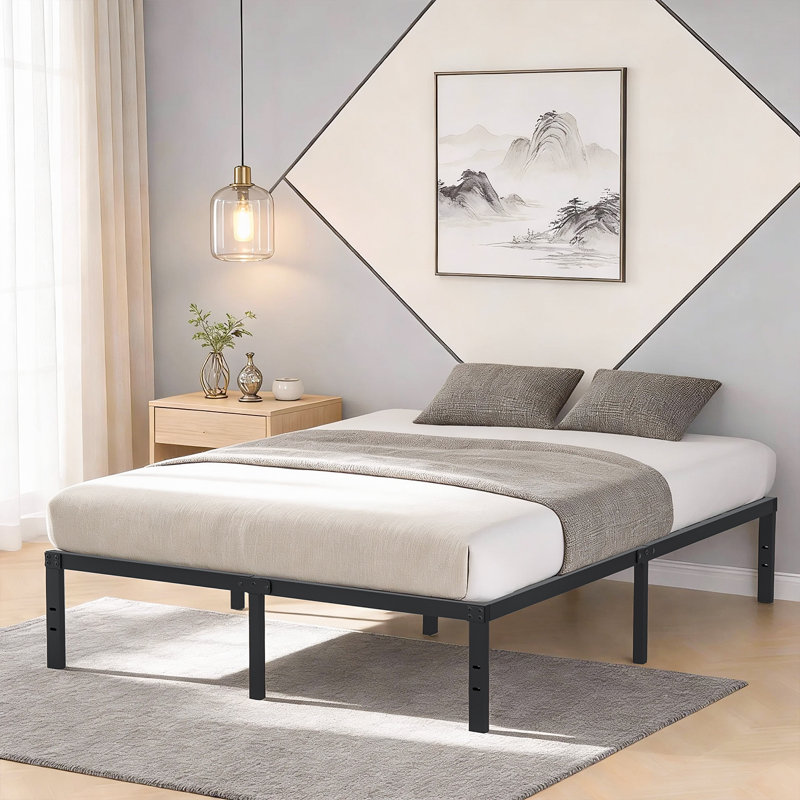 Ebern 14" Black Metal Platform Bedframe, No Box Spring Needed, King, 14"
