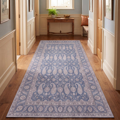 Tapis Delacroix traditionnel à motif floral intégral bleu, gris et crème, lavable à la machine, antidérapant, à poils courts, pour l'intérieur et l'extérieur, adapté aux animaux domestiques, idéal pour le salon, la chambre, la salle à manger, l'entrée, le corridor ou le bureau.
