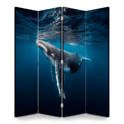 Paravent 4 panneaux à cloison pliable Royal baleine nageant ludique océan Toile Séparateur de pièce Paravent de protection autoportant Cloison d'intimité