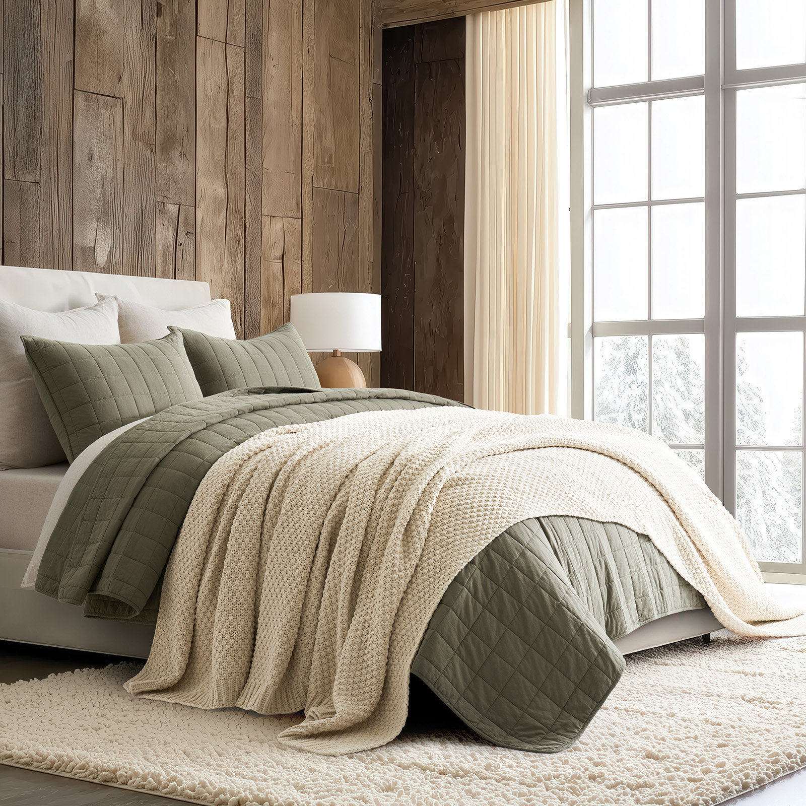 Chunky Chenille Knit Throw Blanket, Beige, 90" L x 90" W