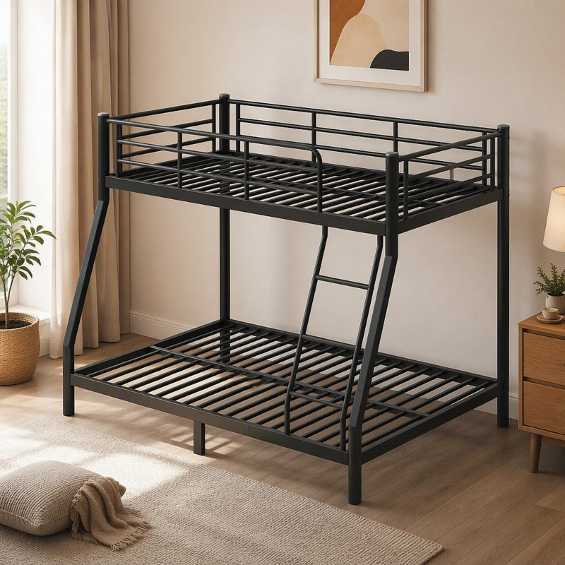 Lit superposé en métal tubulaire noir, couchette simple supérieure et couchette double inférieure, conception silencieuse et peu encombrante, sans sommier, convient aux adolescents et aux adultes.