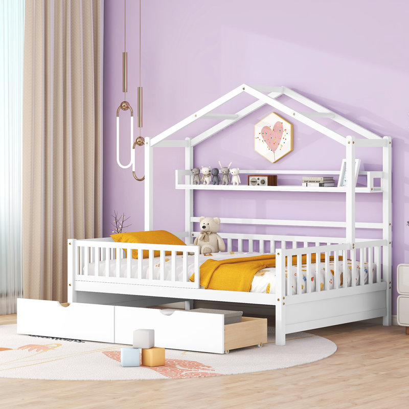 Lit en bois avec 2 tiroirs et tablette de rangement, Blanc, Double