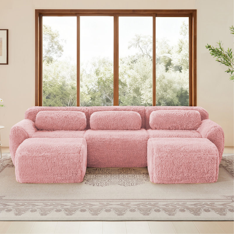 Canapé en forme de U sans os 32D à haute densité de conception de fond antidérapant avec combinaison de méridienne, emballage sous vide à compression complète, conception de siège profond pour la chambre à coucher, le bureau et le cinéma maison, rose