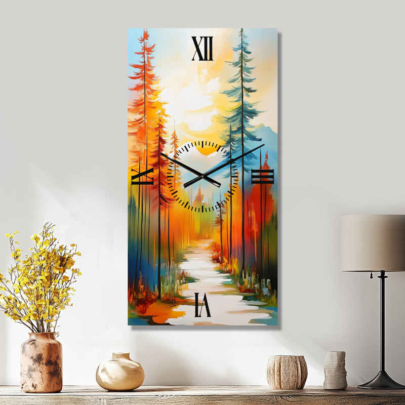 Horloge murale décorative Summit Sunrise Pines I - Paysage orange, H 32 po x l 16 po - Rectangle