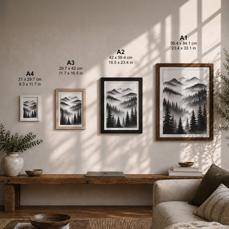 Misty Mountain Ranges Scandinavian - Framed Print, Black, A3 - 42.0 x 29.7 cm