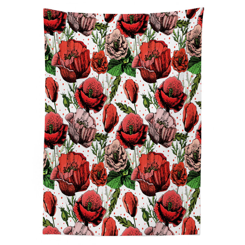 Flower Tablecloth, Pattern With Colorful Poppy Flowers Polkadot Background Classic Style, Rectangular Table Cover For Dining Room Kitchen Decor, 60" X 84", Red Green Dried Rose