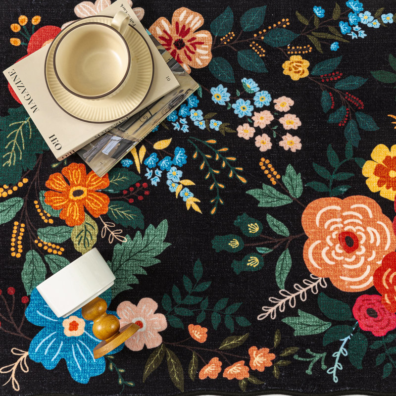 Tapis noir à motif floral moderne Aurora, Noir, Tapis de couloir 2 pi 3 po x 7 pi 6 po