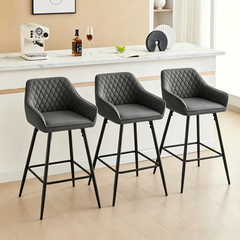 Upholstered Bar Stools  with Armrests & Diamond Tufting , Faux Leather, PU Grey