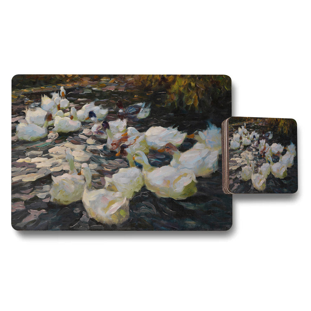 Impressionist Swans On Water Placemat And Coaster Set