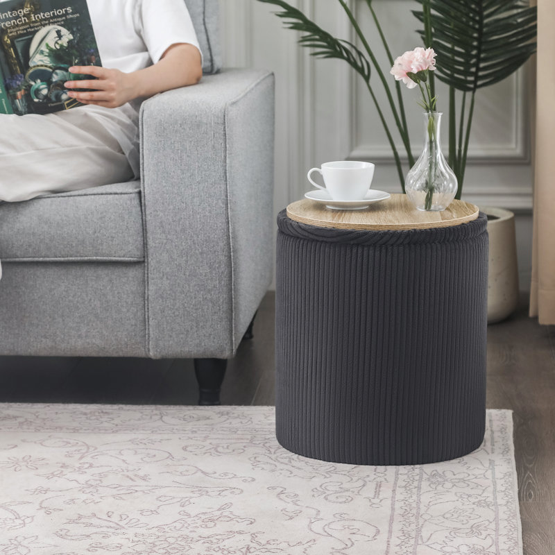 16.9 Inches Height Upholstered Round Storage Ottoman, Dark Gray Corduroy