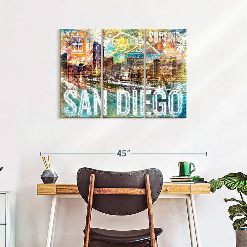 San Diego City Repères Grunge, impression sur toile 3 pièces, H 24 po x l 38 po x P 1,25 po