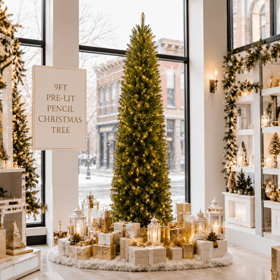 Pre-Lit Pencil Christmas Tree, 4.5-9ft Prelit Noble Fir Slim Artificial Tree with [110/165/220/275/330/495] Warm White LED Lights, [330/462/715/770/913/1,342] PVC Branch Tips, for Small Spaces & Corner Decor, Foldable Metal Stand