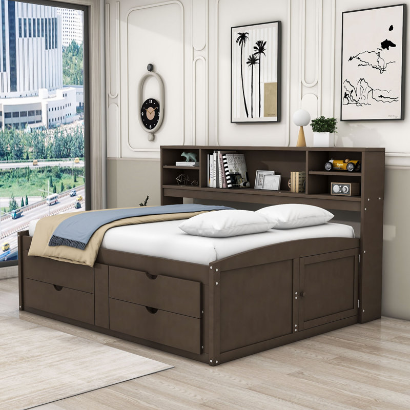 Lit de jour double / en bois double avec tiroirs et tablettes, Brun antique