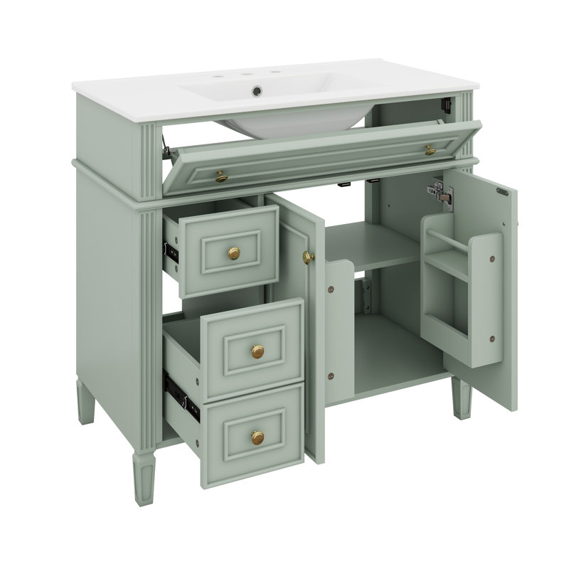 Ensemble de meuble-lavabo simple 36 po avec lavabo en céramique 36 po, 3 tiroirs et 2 portes, Vert
