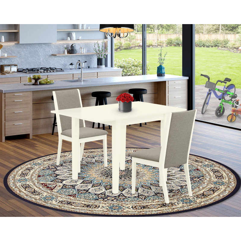 Rectangular Solid Wood Top With Dropleaf Dining Table Set, Linen White, Gray/White, 3 Pieces: 1 Table, 2 Chairs