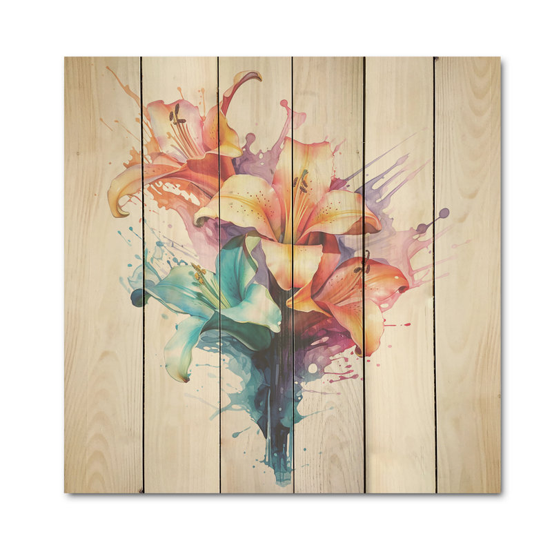 Aquarelle élégante lis pureté - lys, art mural sur bois de pin naturel, H 15 po x l 15 po