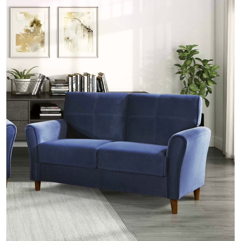 Causeuse en velours rembourré avec détails capitonnés et structure en bois massif pour les salons modernes, Bleu