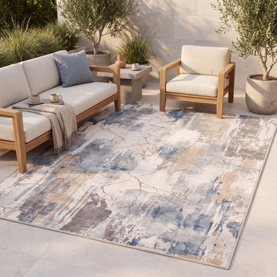 Tapis Sunflare moderne à poils courts, effet aquarelle abstrait vieilli, bleu, gris, beige, antidérapant, idéal pour l'intérieur et l'extérieur, adapté aux animaux domestiques, pour salon, chambre, salle à manger, entrée, couloir, bureau, crème, ivoire, cuisine, zones de passage intense, facile à nettoyer, imprimé, ultra doux, bord ourlé et lavable.