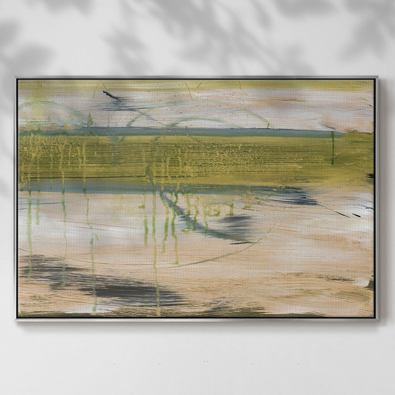 Réflexions aquatiques I, Pas de tapis, H 25 po x l 37 po x P 2 po, Toile argentée avec cadre flottant