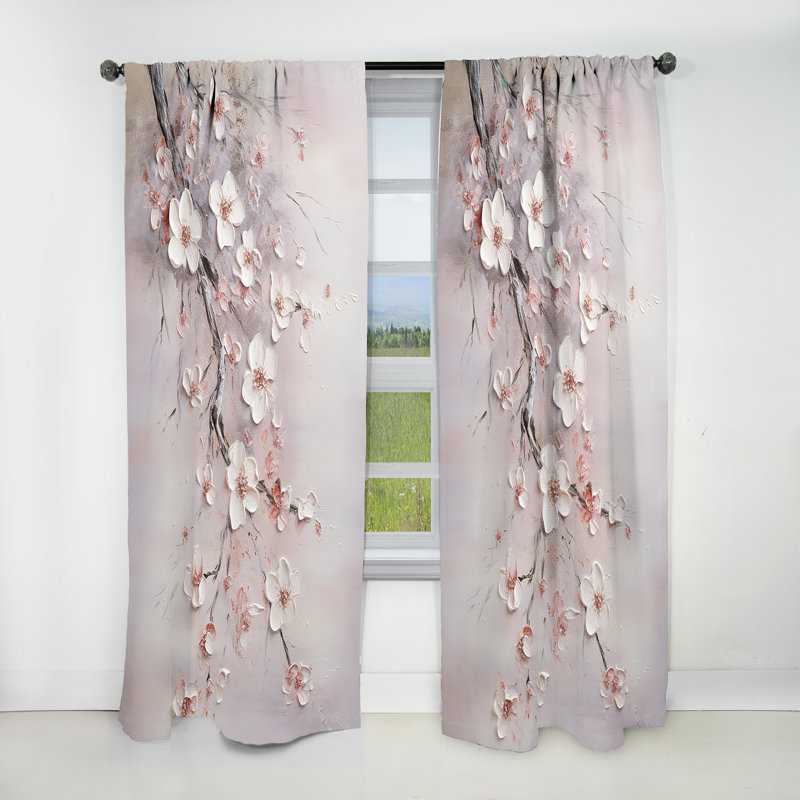 Pink And Grey Cherry Blossom Charm - Flowers Blackout Floral Curtain - 1 Panel, 52" W x 95" L