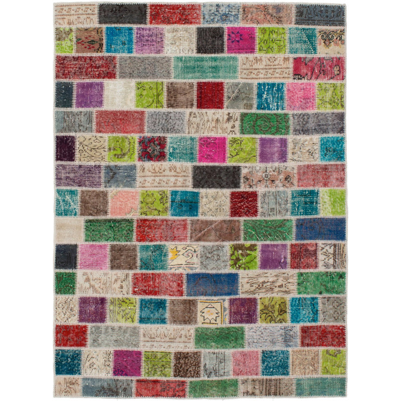 Tapis rouge / jaune / bleu en laine noué à la main 4 pi 9 po x 6 pi 5 po Alisyn