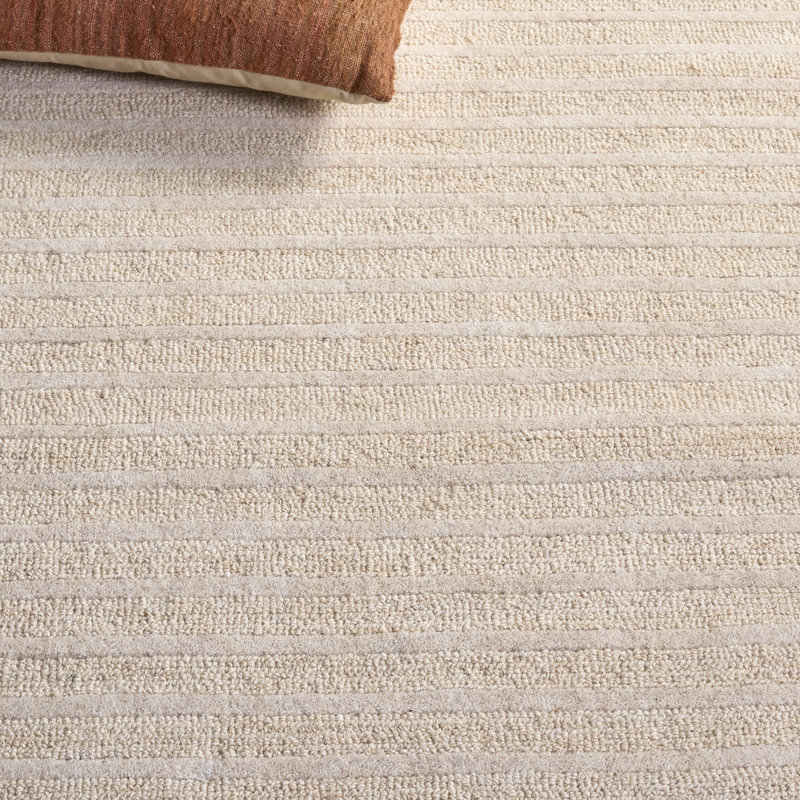 Tapis rayé beige / ivoire en laine / coton touffeté à la main Ebony, Rectangle 6 pi x 9 pi