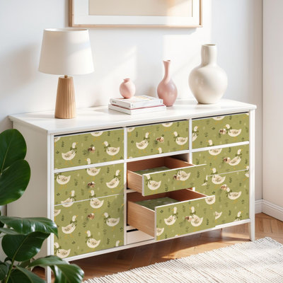 Papier peint auto-adhésif pour enfants, dessin mignon, canards blancs, vert olive, minimaliste, floral, auto-adhésif et amovible 17,7 po x 118 po (45 x 300 cm)