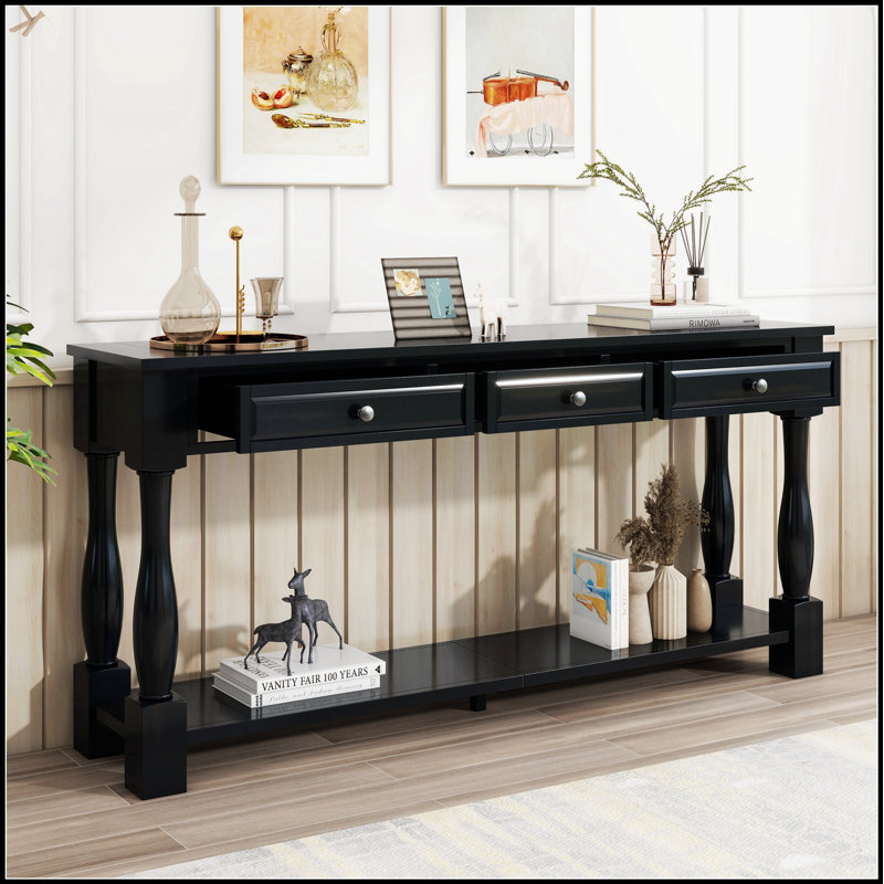 Console de style méditerranéen de 63 pouces de long avec tiroirs et tablette pour un rangement élégant, Espresso