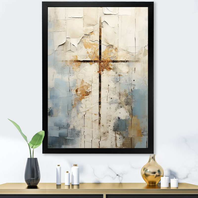 Art mural croix de Christianisme beige de Jessus II, H 32 po x l 16 po, Cadre photo unique, Noir